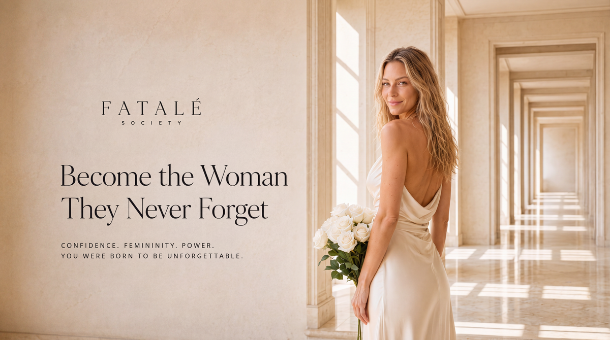 Become the Woman They Never Forget. Confidence. Femininity. Power. A woman holding white roses in a bright cream corridor.