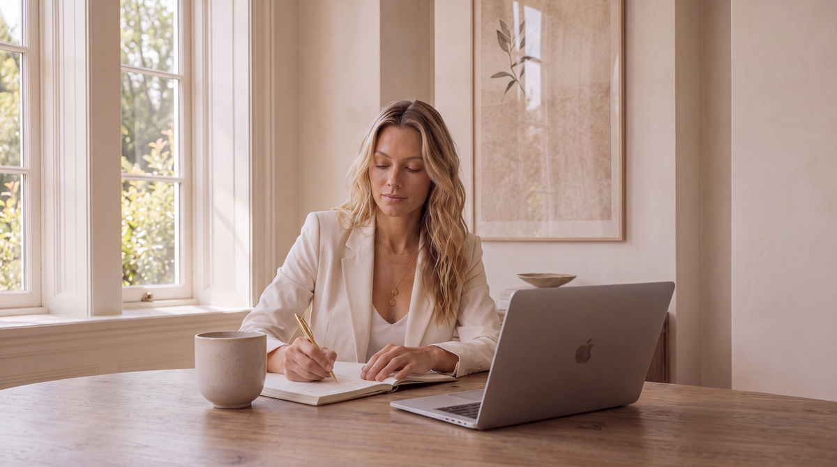 Jenny, founder of Fatalé Society, writing beside a laptop and white roses